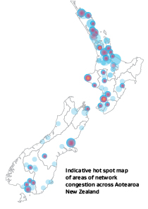 Indicative hot spot map of areas of network congestion across Aotearoa 