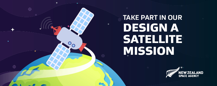 Design a satellite competition banner showing a satellite flying over the planet Earth.