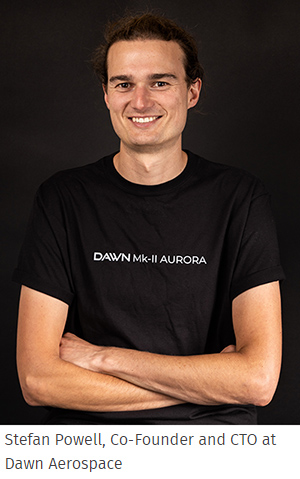 Portrait photo of Stefan Powell, Co-Founder and CTO at Dawn Aerospace, wearing a black t-shirt with the text DAWN Mk-II AURORA