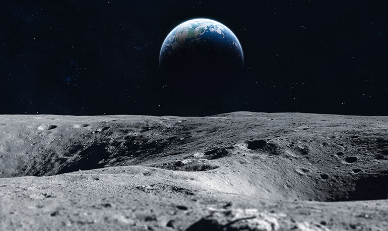 Artistic depiction of the Earth rising over the moon’s horizon