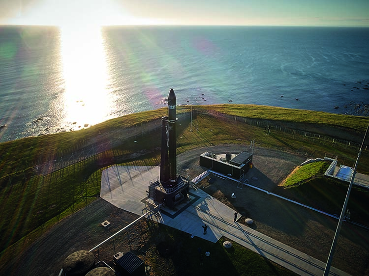 Aerial view of Rocket Lab’s launch site at the Mahia Peninsula with an electron launch vehicle is on the launch pad.