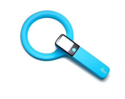 A blue wand shaped like a magnifying glass with a digital screen and Kitea logo printed on the handle.