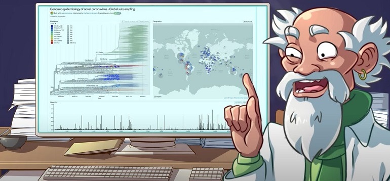 Cartoon depiction of an old, bearded scientist explaining infections disease modelling data on a screen behind him.