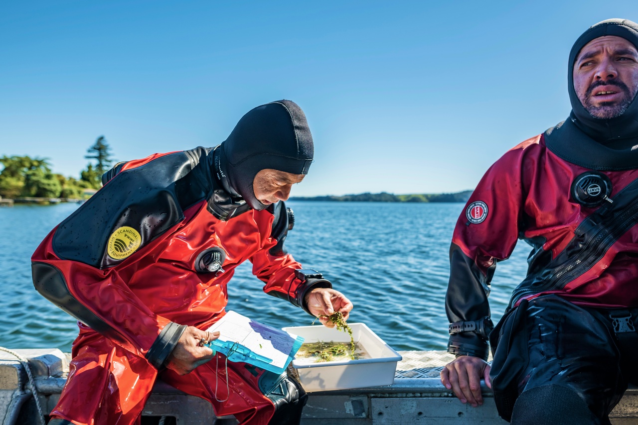 2 men on a boat looking at seaweed