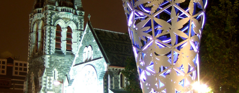 Christchurch Cathedral and sculpture at night