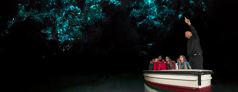 Guide in a boat with tourists pointing out glowworms on the cave ceiling.