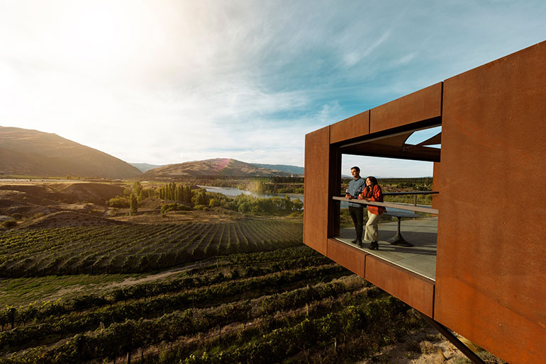 2 people standing on a balcony overlooking a vineyard.