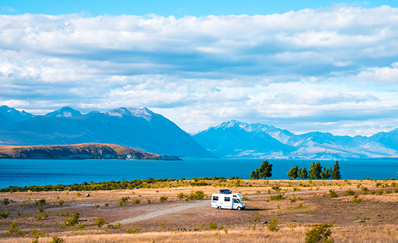 Campervan, yellow grassland, Aoraki Mt Cook, and Lake Tekapo