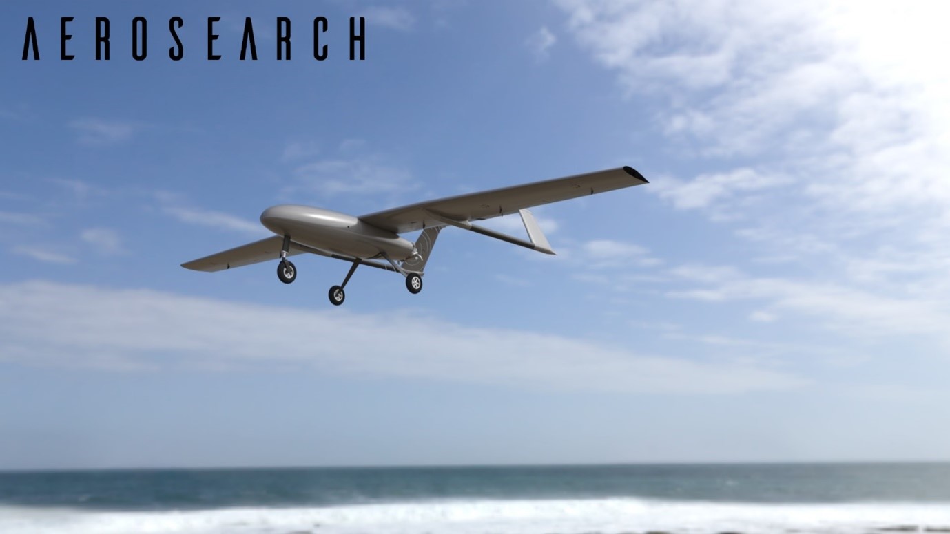 Text: Aerosearch. Picture: A plane flying low over the sea.
