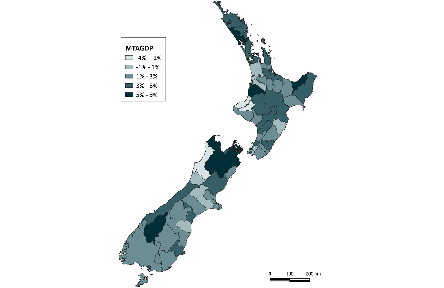 Map of New Zealand showing the five year compound annual growth rate (2013 to 2018).