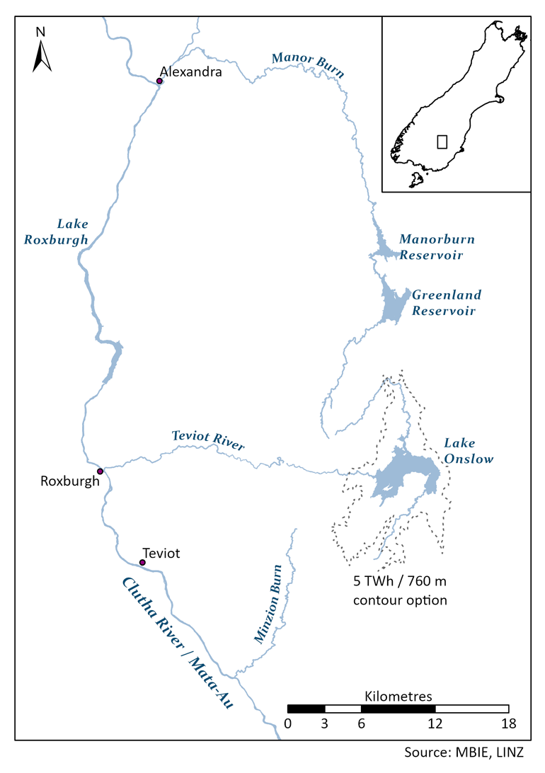 Map of the 5 TWh/760 metre countour option at Lake Onslow.