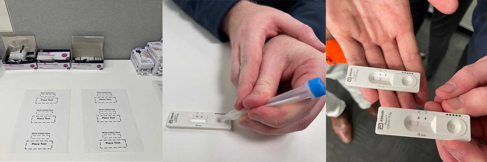 3 images of what the rapid antigen test process looks like. Rapid antigen tests in their boxes, somebody taking a sample, and people showing their rapid antigen test results.