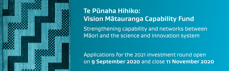 Te Pūnaha Hihiko: Vision Mātauranga Capability Fund Strengthening capability and networks between Māori and the science and innovation system. Applications for the 2021 investment round open on 9 September 2020 and close 11 November 2020.